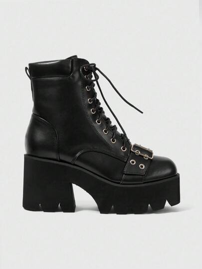 Grunge Punk Botas góticas de puntera cuadrada y tacón grueso, botas de tacón alto de piel sintética negra adecuadas para fiesta, uso diario, vestido de noche, que aumentan la altura y alargan las piernas
