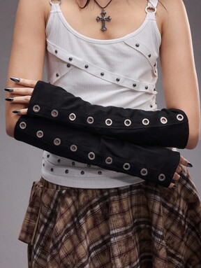 Grunge Punk Punk Style Black & Metal Color Eye Decor Half Finger Gloves, Windproof & Sun-Resistant, Casual Streetwear Arm Sleeves Unisex For Party, Social Events, Gatherings, Travel