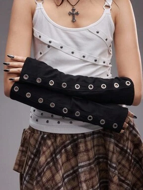 Grunge Punk Punk Style Black & Metal Color Eye Decor Half Finger Gloves, Windproof & Sun-Resistant, Casual Streetwear Arm Sleeves Unisex For Party, Social Events, Gatherings, Travel