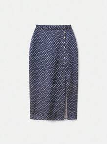 lacRébo Jupe mi-longue en satin imprimé marine avec détail de bouton latéral. Vêtements pour femmes en automne. Tenues de bureau pour femmes. Tenues d'enseignante. Automne hiver - Multicolore - Voir 5