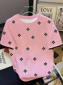 INAWLY Women's Flower Print Round Neck Short Sleeve T-Shirt, Summer - Pink - View 1