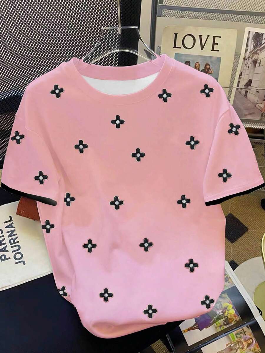 INAWLY Women's Flower Print Round Neck Short Sleeve T-Shirt, Summer - Pink - View 1