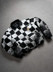 PAVTROS Manfinity Streetrush Comfortable Contrast Checkerboard Pattern Men's Long Sleeve Jacket, Checkered Jacket, Black White Jacket, Race Car Jacket, Fall - Black - View 1