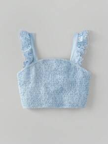 Ontre 青少年女孩褶饰细肩带短款上衣和百褶裙两件套服装，夏季休闲度假百搭套装，蓝色百褶裙，无袖花卉饰边上衣 - 淺藍色 - 查看 9