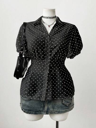 Sweetra Camisa de manga corta con lunares de estilo minimalista y casual, blusa elegante y versátil