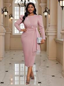 Fleurora Vestido de festa de casamento plus size, elegante, primavera e verão, para escritório, concerto/festival de música, rosa, de malha, renda, gola redonda, lápis - Rosa - Ver 4