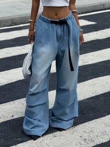 Muchica 女士背包扣腰带褶皱阔腿宽松牛仔裤 - 藍色 - 查看 6