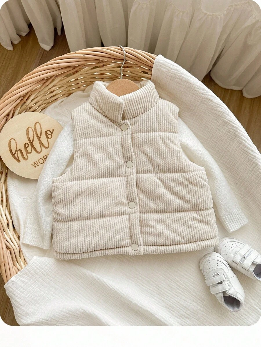 SHEIN Babygirl Corduroy Padded Vest, Beige, Warm For Autumn/Winter Fall