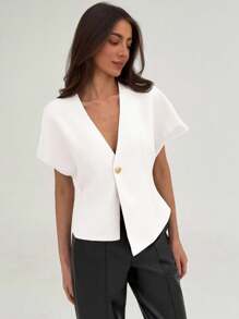 SHEIN PETITE CURVE Áo sơ mi nữ cỡ lớn màu trơn, cài một nút, tay bồng, kiểu dáng thường ngày, áo kiểu nữ mùa hè, áo kiểu đường phố, áo sơ mi nữ thanh lịch, áo blazer tay ngắn màu trắng, áo khoác cardigan tay ngắn thanh lịch, áo blazer trắng mùa hè, áo blazer trắng dáng ngắn, kiểu Stockholm, phù hợp với người có vóc dáng thấp. - trắng - Xem 9