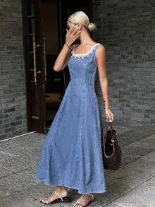 DAZY 西部牛仔风流苏腰部A字喇叭裙摆休闲度假夏季连衣裙，女士吊带长裙 - 藍色 - 查看 1