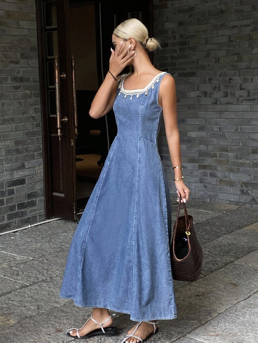DAZY 西部牛仔风流苏腰部A字喇叭裙摆休闲度假夏季连衣裙，女士吊带长裙 - 藍色 - 查看 1