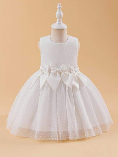 Glamorique Kids 女婴白色刺绣薄纱连衣裙，蝴蝶结设计，可爱甜美，适合各种派对