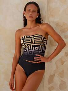 Swim Chiccia Women's Spaghetti Strap Bikini Top, Vintage Coin Print Geometric Ombre Ruched Drawstring Spaghetti Strap - Multicolor - View 4