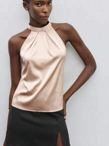 Maija Women's Lace-Up Satin Halter Neck Exposed Shoulder Blouse, Formal & Urban Casual Wear, Office Lady Outerwear,Autumn Outfits For Women, Christmas Women's Clothing - Khaki - View 5