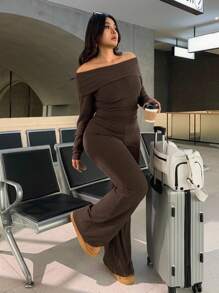 SHEIN EZwear Plus Size Casual & Homewear Minimalist Off-Shoulder Ribbed 2 Pieces Set - Brown - View 4