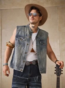 RivetRise Gilet di jeans casual con chiusura lampo, stile di strada, blu retrò, da uomo