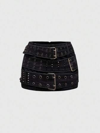Grunge Punk Y2K Vintage Punk Heavy Metal Rivet Grommet Belt Decor Plus Size Denim Mini Skirt