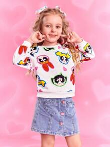 THE POWERPUFF GIRLS X SHEIN Young Girl White Cute Cartoon Blossom, Bubbles, Buttercup And Heart Print Long Sleeve Crew Neck Sweatshirt Fall Winter - White - View 6