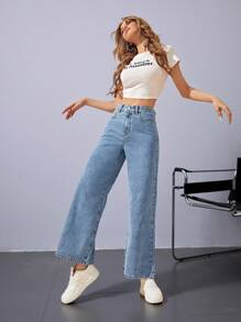 Jeanoix 高腰闊腿牛仔褲 - 淺色水洗藍 - 查看 3