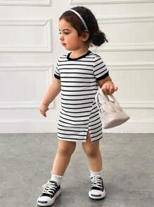 Baby Girl Casual Minimalist Comfortable Round Neck Hem Slit Dress - White - View 1