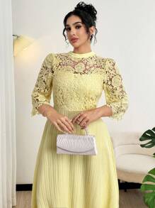 Modelyn Vestido largo de manga larga con parches de bordado de ojal amarillo y talla grande para mujeres - Amarillo - Ver 5