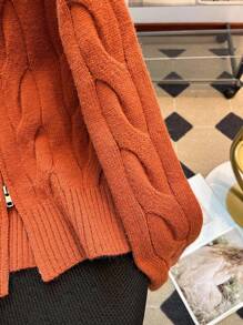 Franclia 女式复古设计纹理刺绣针织开衫 - 棕色 - 查看 6