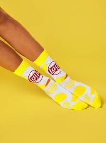 Lay's X SHEIN 2 双柔软透气吸湿排汗休闲女士中筒袜时尚薯片黄色中筒袜加固脚趾和脚跟，经久耐用男女通用四季百搭夏冬 - 彩色 - 查看 6