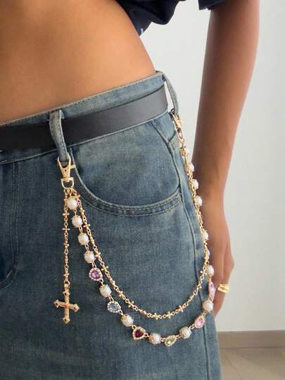ROMWE Fairycore 1 件复古奢华水钻和人造珍珠腰链，女士个性化十字链，用于裤子装饰