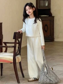 Genkimix Kids 青少年女孩纯色圆领长袖运动衫和运动裤休闲简约套装 - 米色 - 查看 4