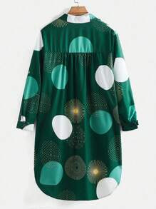 EMERY ROSE 女士休闲日常印花纽扣弧形下摆衬衫，随机花卉图案，春季休闲款 - 墨綠色 - 查看 2