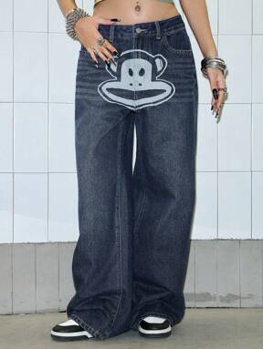 Paul Frank X ROMWE Y2K Streetwear Cartoon Monkey Pattern Vintage Washed Baggy Loose Fit Jeans