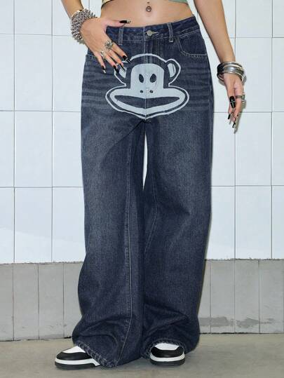 Paul Frank X ROMWE Jeans holgados y sueltos con lavado vintage y estampado de mono de estilo Y2K streetwear