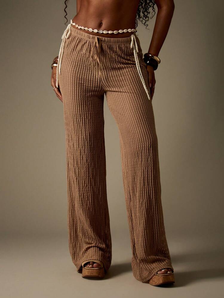 MISSGUIDED Wide Leg Beach Pants Bohemian Knitted Ribbed Resort Wear Summer Holiday Casual Tie Waist Poolside Festival Travel Loungewear