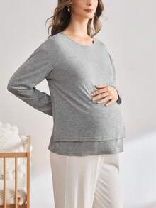 BloomMama Maglietta premaman tinta unita a maniche lunghe e collo rotondo - Grigio - Visualizzare 1