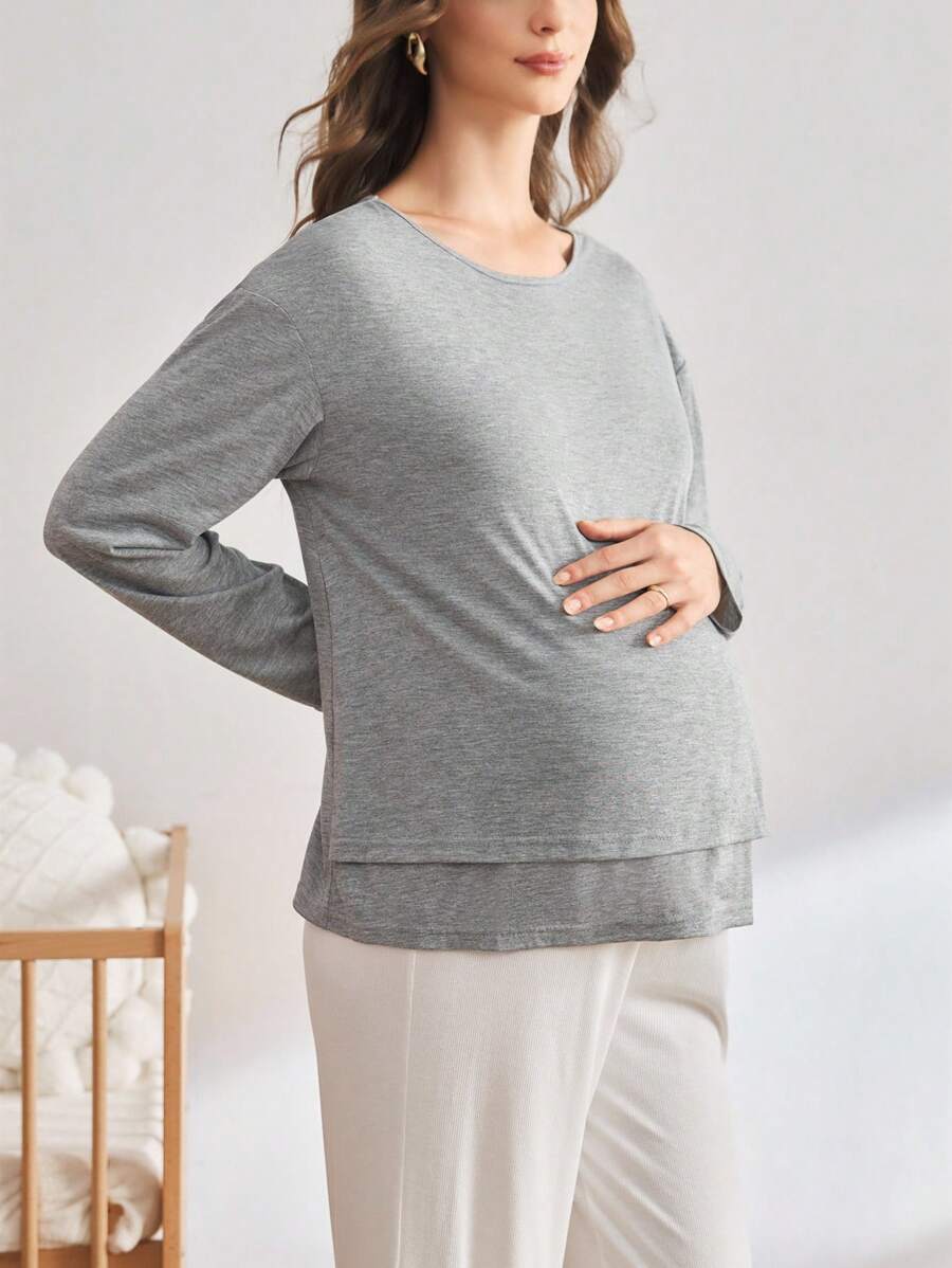 BloomMama Maglietta premaman tinta unita a maniche lunghe e collo rotondo - Grigio - Visualizzare 1