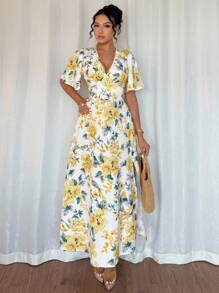 Chiquease 优雅荷叶边V领开衩印花连衣裙，春夏大学校园连衣裙 - 黃色 - 查看 7