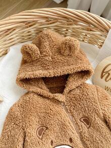 SHEIN 新生女宝宝可爱卡通熊图案毛绒连帽连体衣，秋冬季 - 棕色 - 查看 3