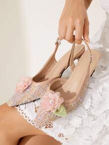 CUCCOO CHICEST 女士优雅花卉珍珠方头粗跟高跟鞋，复古浪漫浅粉色仿皮高跟鞋，露趾礼服鞋，适合下午茶、约会、派对、假日、正式场合 - 粉色 - 查看 4