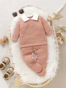 SHEIN Newborn Baby Casual Cute Pink With Heart Pattern Knitted Footie Jumpsuit, Soft & Comfortable For Daily, Outdoor, Travel, Vacation, Home, Daycare, And Play Wear