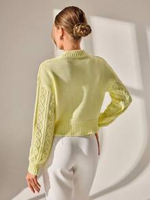 CLARA VERO Deep V-Neck Cropped Cable Knit Cardigan With Ribbed Shawl Collar And Glossy Button Closure Yellow Cardigan Women Button Up Cardigan Knitted Cardigan Womens Cardigan,Cardigans,Long Cardigans Woman,Petite,Tall - Yellow - View 6