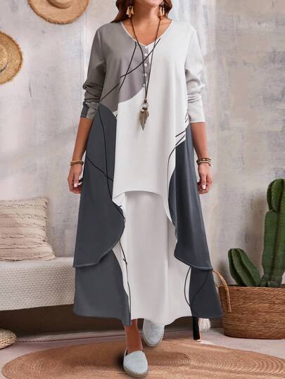 EMERY ROSE Plus Size Casual Contrast Color Block Faux 2-In-1 Dress Fall Clothes,Spring/Summer/Vacation