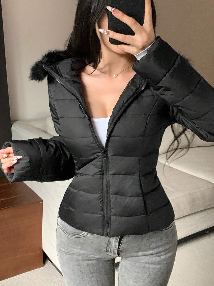 Casaco Acolchoado com Colarinho de Pele Recortado Casual Feminino, Jaqueta de Outono/Inverno