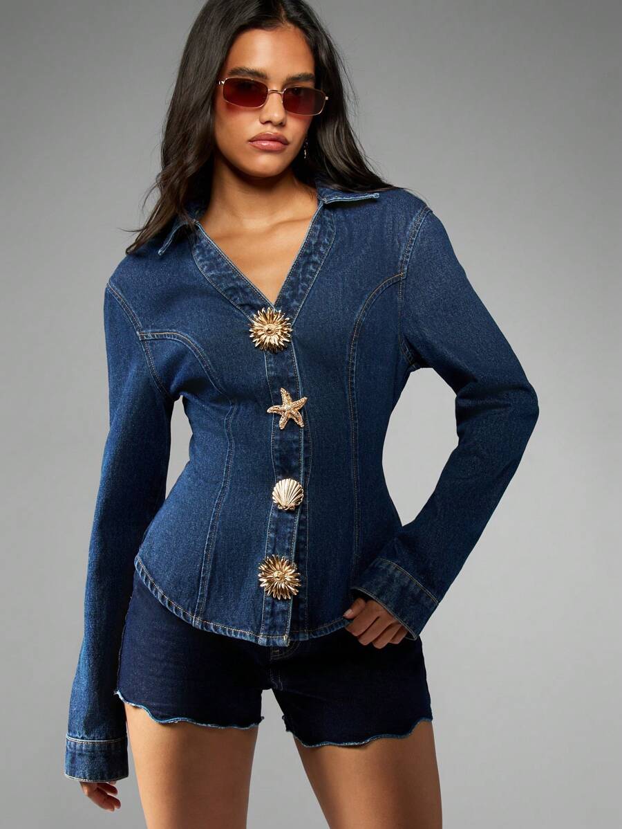 MISSGUIDED Áo khoác denim cài nút tay dài ôm eo họa tiết sao biển vỏ sò vàng trang trí phong cách phương Tây thời trang xuân thu - Rửa trung bình - Xem 1