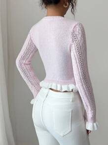 Elenzga Nuevo cárdigan corto de punto ajustado con cuello redondo y puños con volantes, con diseño de botón metálico, dulce para una cita del Día de San Valentín, versátil - Rosa - Ver 2