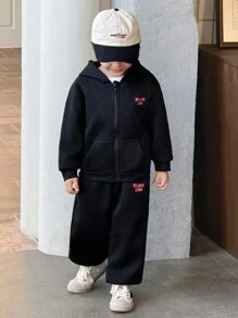 Genkimix Kids 2pcs/Set Toddler Boys' Black Knit Sweatshirt With Print, Korean Fashion Style, Back To School Outfit - Black - View 4