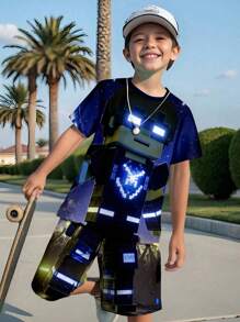 SHEIN Tween Boy Casual Minimalist Short Sleeve Crew Neck 2 Pieces Set, Suitable For Summer - Multicolor - View 1