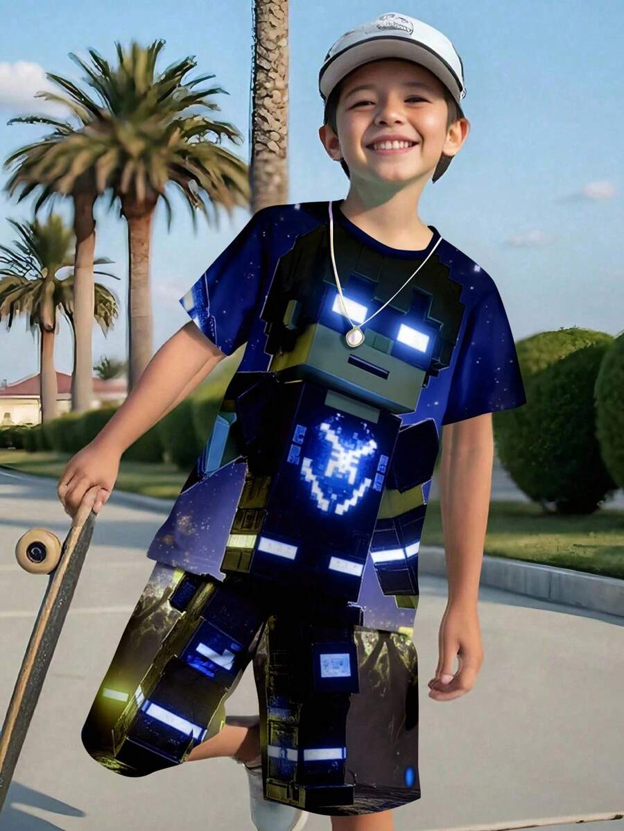 SHEIN Tween Boy Casual Minimalist Short Sleeve Crew Neck 2 Pieces Set, Suitable For Summer - Multicolor - View 1