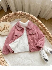SHEIN Baby Girl Cute Thermal Lined Pink Collar Jacket, Versatile For Autumn/Winter Fall - Pink - View 1