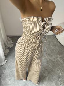 Elenzga 女式夏季休闲条纹抹胸连体裤 - 随机花卉图案 - 卡其色 - 查看 6