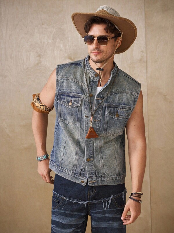 RivetRise Men's Street Fashion Casual Zip-Up Denim Vest, Retro Blue